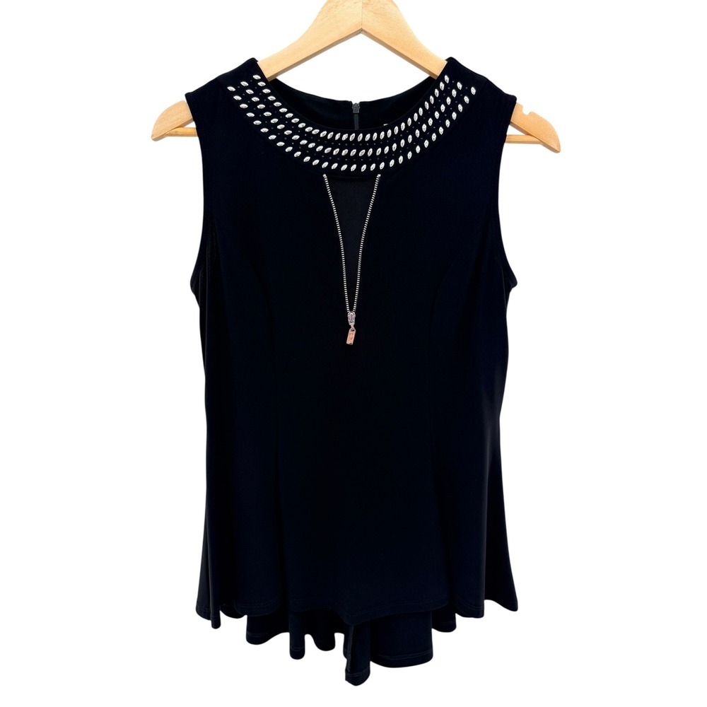 Joseph Ribkoff Black Studded‎ Peplum Top Sleeveless Mesh Zipper Blouse Size 6